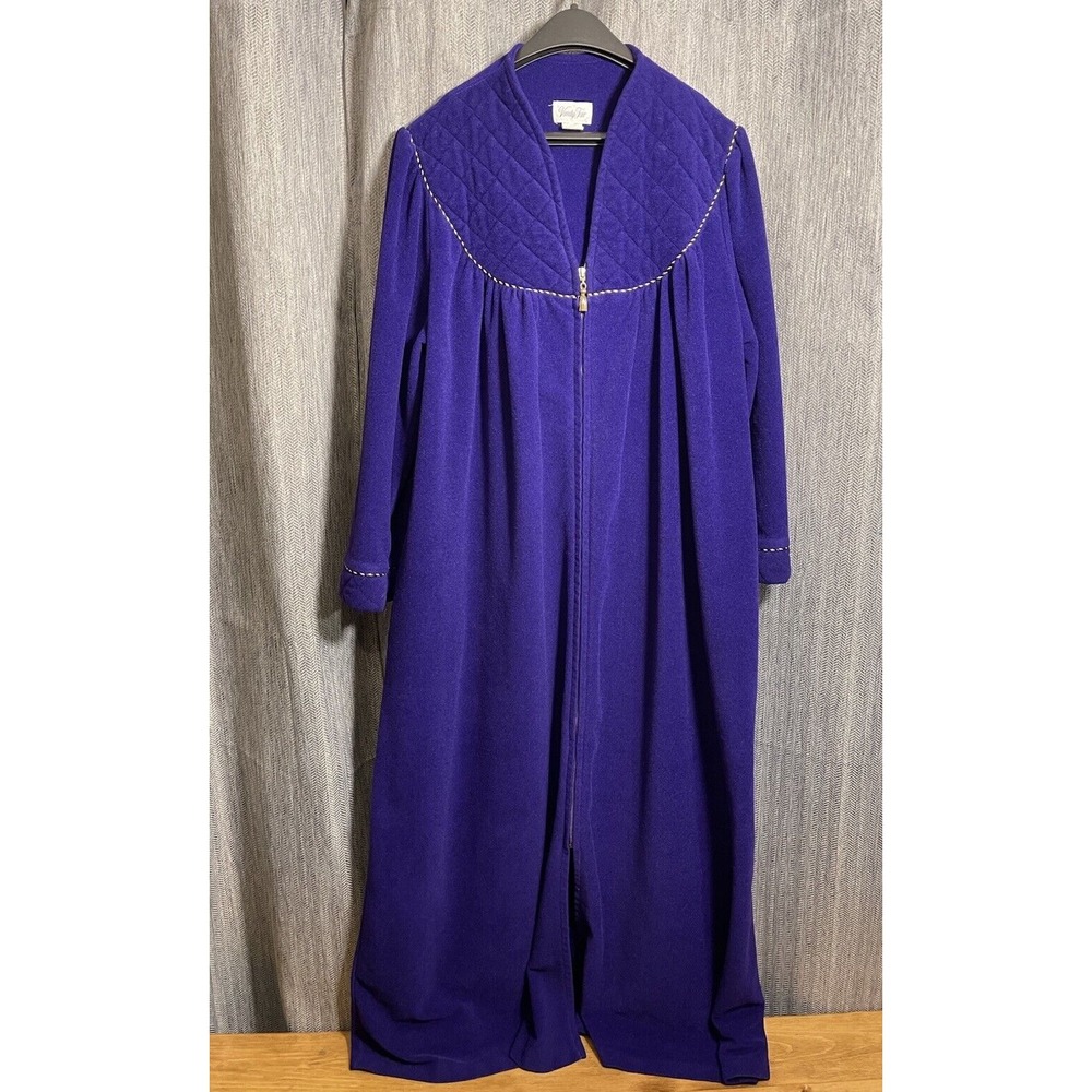 Vanity Fair Purple Gold Velour Long Robe Zip Dress House Coat Vintage Sz L WARM